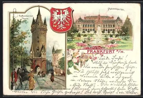 Lithographie Frankfurt a. M., Eschenheimer Turm, Palmengarten