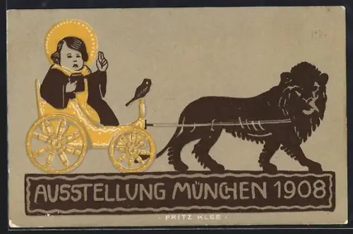 Künstler-AK München, Ausstellung 1908, Münchner Kindl vom Löwen gezogen