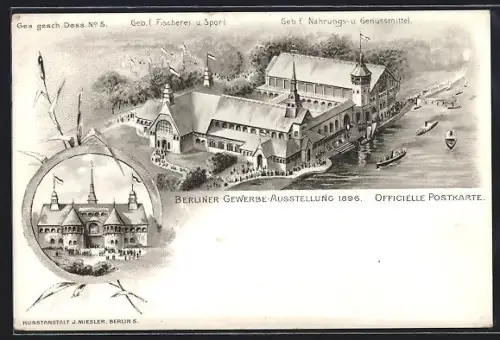 Lithographie Berlin, Gewerbe-Ausstellung 1896, Geb. f. Fischere & Sport, Ge. f. Nahrungs- & Genussmittel