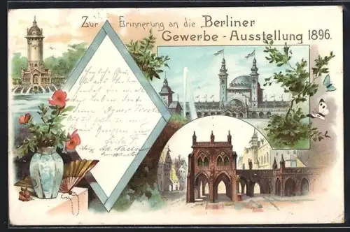 AK Berlin, Gewerbe-Ausstellung 1896, Brunnen, Tor, Gebäudeansicht