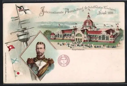 Lithographie Kiel, Schifffahrts-Ausstellung 1896, Prinz Heinrich von Preussen