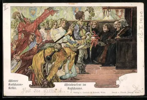 Künstler-AK Wien, Restaurant Wiener Rathauskeller, Weinlesefest im Rathaus