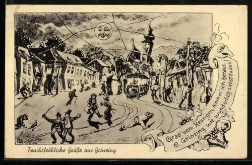 AK Grinzing, Strassenszene mit Strassenbahnen aus der Sicht eines Betrunkenen