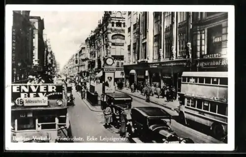 AK Berlin, Verkehr in der Friedrichstr., Ecke Leipzigerstr., Geschäftshäuser