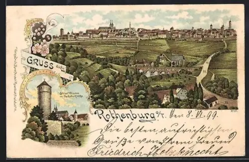 Lithographie Rothenburg / o. T., Strafturm mit Jakobikirche, Ortspanorama