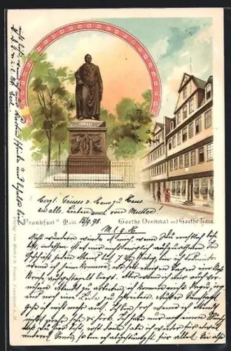 Lithographie Frankfurt a. Main, Goethe-Denkmal, Goethe-Haus
