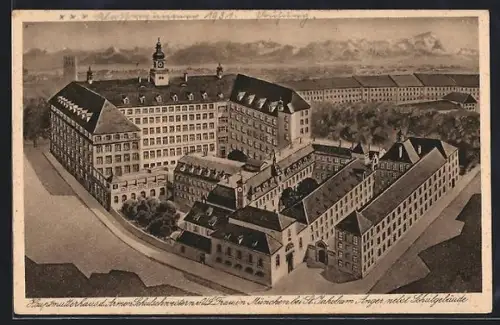 Künstler-AK München, Hauptmutterhaus der Armen Schulschwestern von U. L. Frau, Anger nebst Schulgebäude