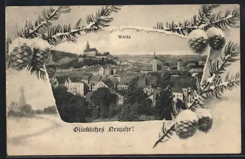 AK Weida / Thür., Ortsansicht, Tannenzweig mit Schnee