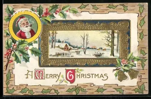 Präge-AK Winterlandschaft und Weihnachtsmann, Weihnachtsgruss