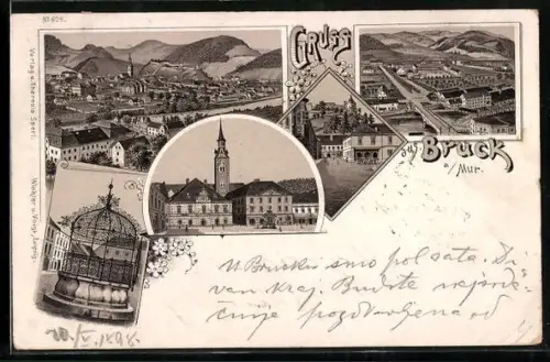 Lithographie Bruck an der Mur, Panorama, Ortsansicht mit Strassenpartie