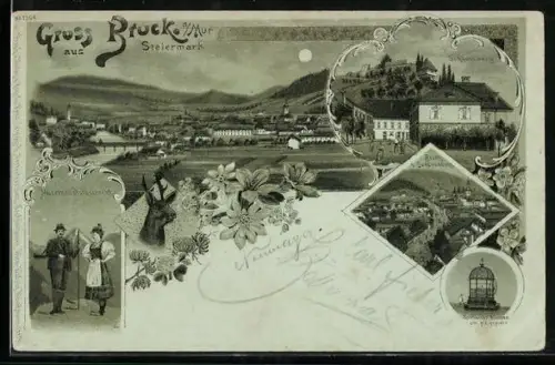Mondschein-Lithographie Bruck / Mur, Gesamtansicht, Blick zum Schlossberg, Gothischer Brunnen und Mürzthaler Volkstracht