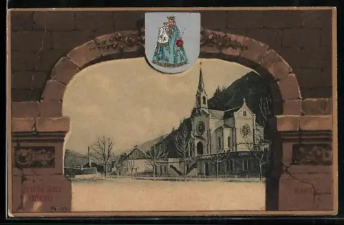 Lithographie Odern, Strassenpartie mit Kirche, Wappen, Passepartout