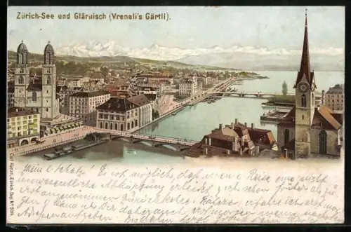 Lithographie Künzli No. 5014: Zürich-See und Glärnisch, Vreneli`s Gärtli, Berg mit Gesicht / Berggesichter