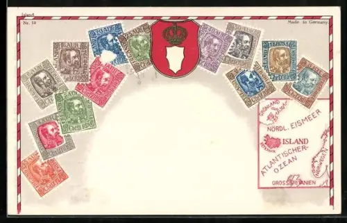 AK Island, Briefmarken, Wappen, Landkarte