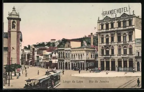 AK Rio de Janeiro, Largo da Lapa, Grande Hotel, Strassenbahn