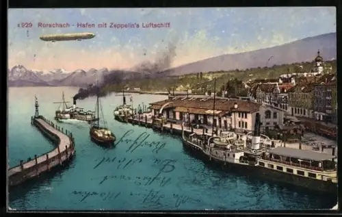 AK Rorschach, Hafen mit Zeppelin`s Luftschiff