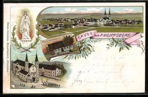 Lithographie Filippsdorf, versch. Ansichten des Ortes, Prozession an der Kirche