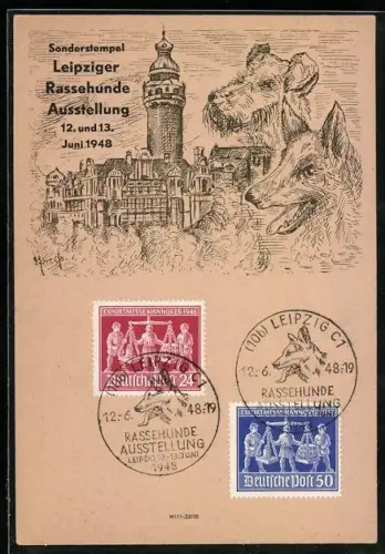 AK Leipzig, Rassehunde-Ausstellung 1948, Rathaus und Hundeporträts