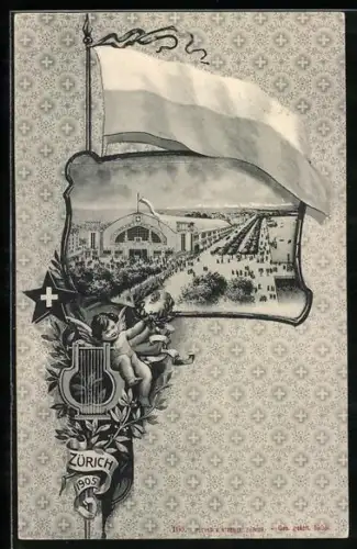 AK Zürich, Sängerfest 1905, Blick zur Festhalle, Fahne, Engel