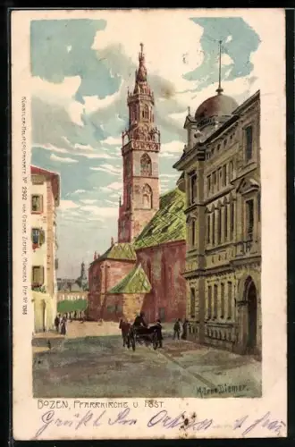 Künstler-AK Zeno Diemer: Bozen, Pfarrkirche und Post, Strassenpartie