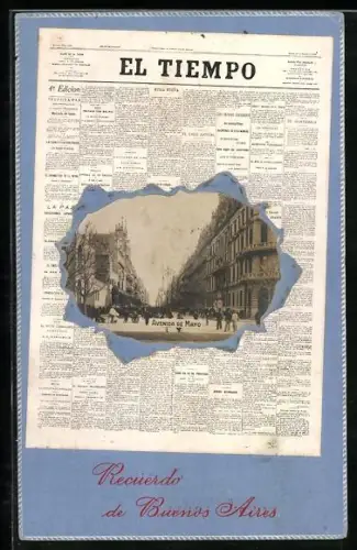 AK Buenos Aires, Zeitung El Tiempo, Titelblatt und Avenida de Mayo