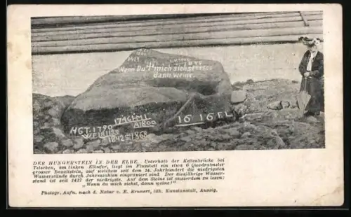AK Tetschen /Elbe, Hungerstein bei niedrigem Wasserstand in der Elbe