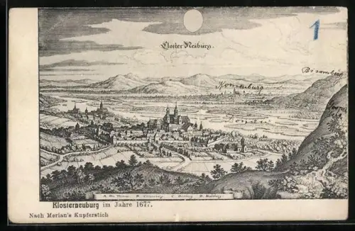 Künstler-AK Klosterneuburg, Ortsansicht im Jahre 1677 nach Merian