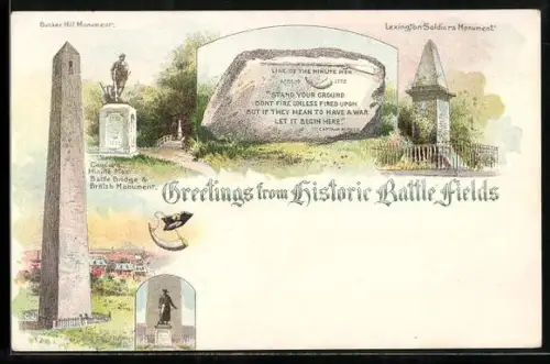 Lithographie Boston, MA, Bunker Hill Monument, Lexington Soldiers Monument