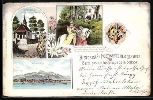 Lithographie Küssnacht, Tellskapelle an der hohlen Gasse, Gessler`s Tod