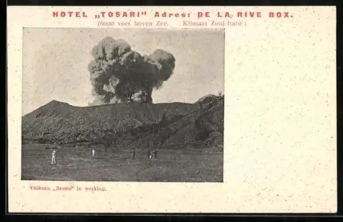 AK Bromo, Vulkaan Bromo in werking, Sanatorium Hotel Tosari, Pasoercoan