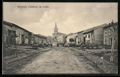 AK Schenris /Xanrey, Strassenpartie mit Fuhrwerk und Kirche