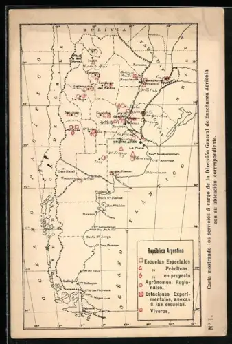 AK Argentinien, Carta mostrando los servicios á cargo de la Dirección General de Ensenanza Argentina, Landkarte