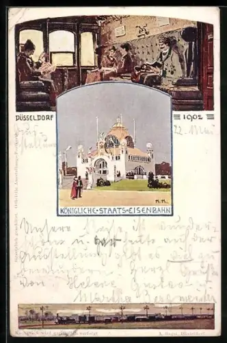 AK Düsseldorf, Ausstellung 1902, Ausstellungspavillon, Königliche Staats-Eisenbahn, Fahrgäste im Zug