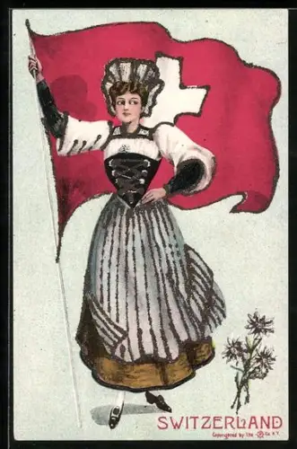 AK Schweiz, Frau in Tracht mit Schweizer Fahne