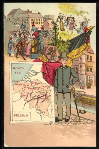 AK Belgien, Landkarte, Festumzug, Spielende Kinder, Soldat mit Degen, Belgische Fahne