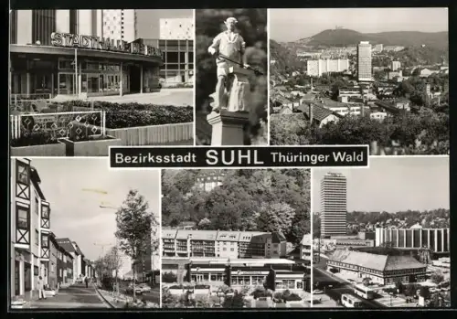 AK Suhl /Thüringer Wald, Stadthalle, Modehaus, Strassenpartie