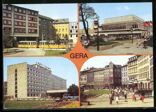 AK Gera, Strassenbahndurchfahrt Johannisstrasse zum Leumnitzer Tor, Haus der Kultur, Interhotel