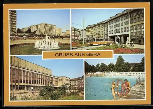 AK Gera, Springbrunnen am Cafè Rendevous, Johannisstr., Haus d. Kultur, Sommerbad