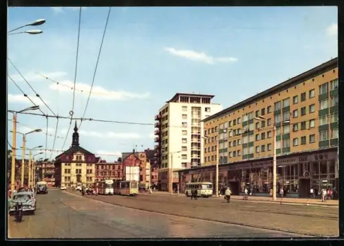 AK Gera, Strasse der Republik mit Strassenbahn