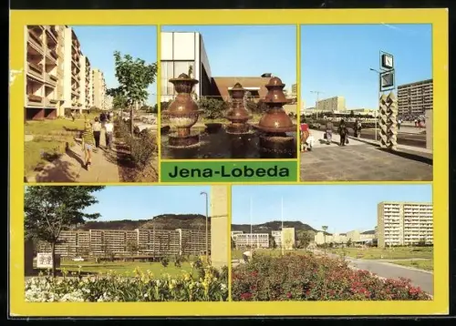 AK Jena-Neulobeda, Karl Marx-Allee, Blick zum Markt, Brunnenplastik vor dem Kulturhaus, Hochhäuser
