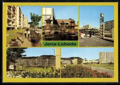 AK Jena-Lobeda, Hochhäuser in der Karl Marx-Allee, Brunnen vor dem Kulturhaus, Blick zum Markt