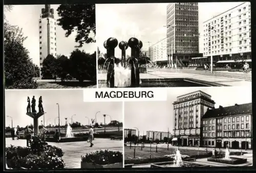 AK Magdeburg, Kulturpark Aussichtsturm, Kugelbrunnen, Rathausvorplatz