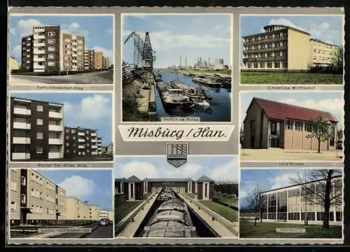 AK Misburg /Han., Kurt-Schumacher-Ring, Altersheim Martinshof, Anna Kirche, Hindenburg Schleuse