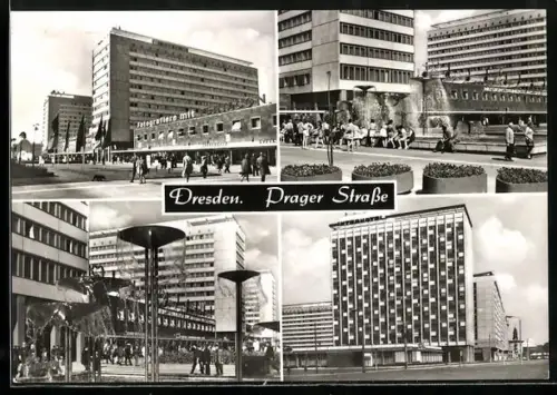 AK Dresden, Bauten und Brunnen in der Prager Strasse