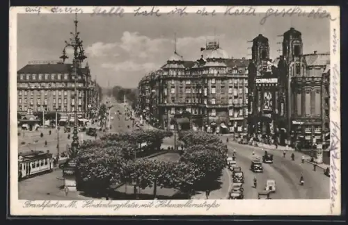 AK Frankfurt a. M., Hotel Carlton, Hindenburgplatz mit Hohenzollernstrasse, Strassenbahn