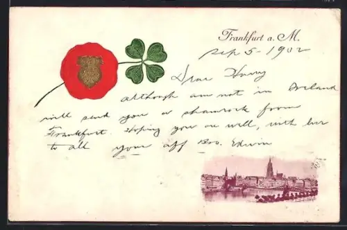 Lithographie Frankfurt a. M., Blick zur Altstadt, Wappen auf Siegel mit Kleeblatt