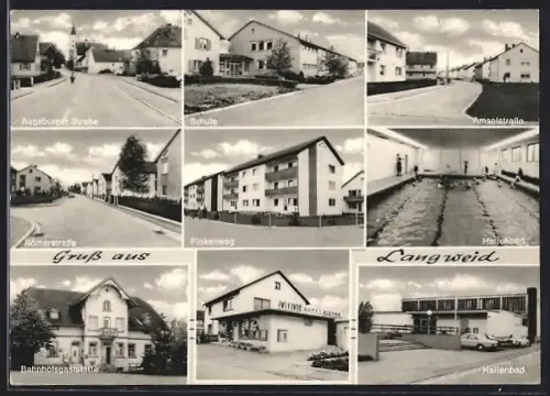 AK Langweid, Hallenbad, Bahnhofgaststätte und Schule