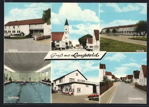 AK Langweid, Geschäft Vivo-Markt Kleyna, Rathaus, Inneres Hallenbad