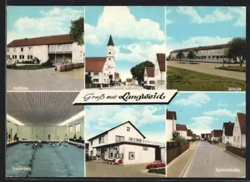 AK Langweid, Geschäft Vivo-Markt Kleyna, Rathaus, Inneres Hallenbad