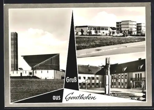 AK Gersthofen, Kirche, Denkmal, Strassenpartie